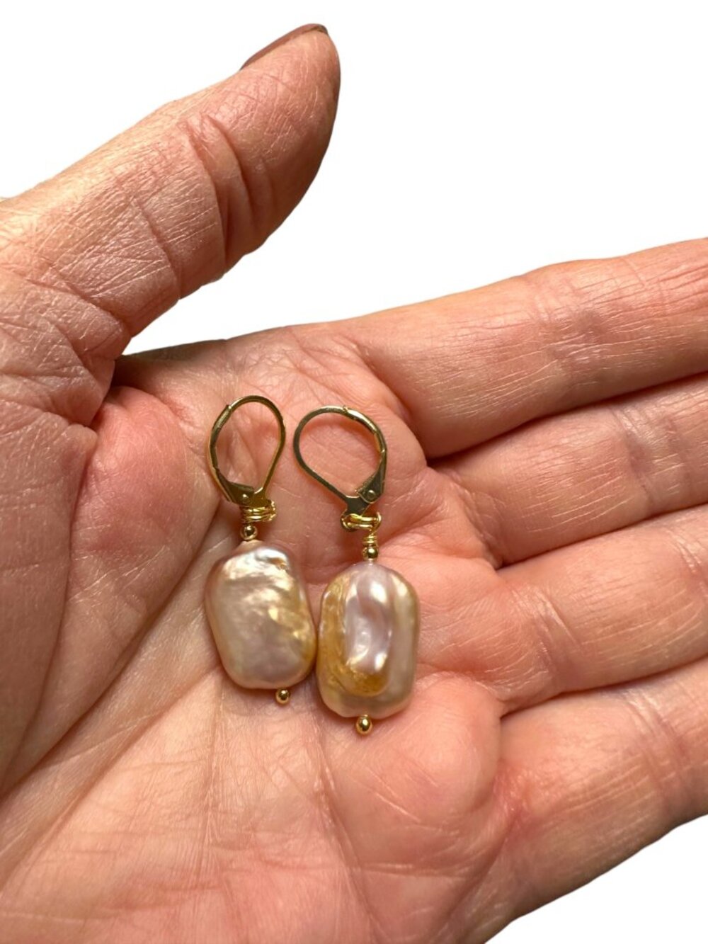 Baroque Pearl Earrings Gold Filled Leverbacks Pink Freshwater Pearl Dangle 18mm - Picture 6 of 10